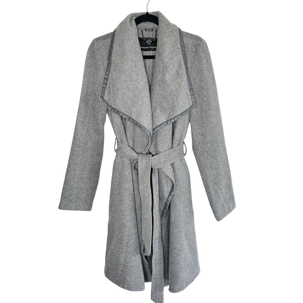 Nanette Lepore Gray Wool Blend Faux Leather Trim Wrap Coat Large Minimalist Chic